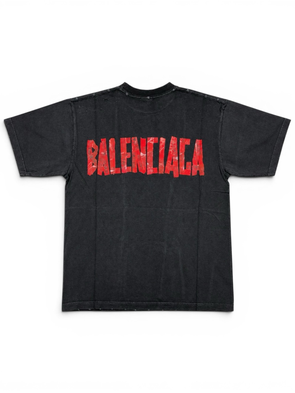 Balenciaga Security Tape Black Tee Distressed with Red Logo